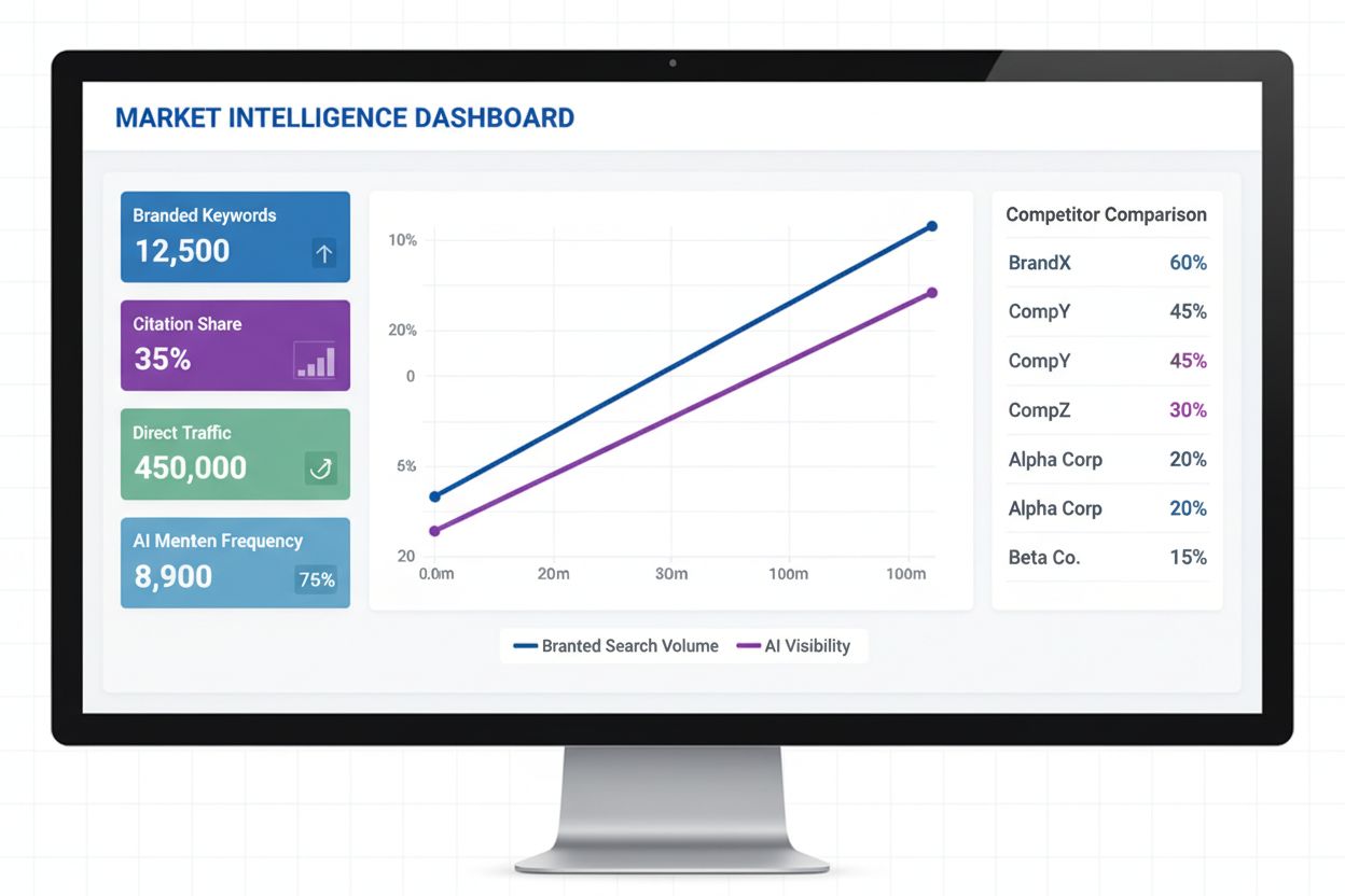 Analytics dashboard showing correlation between branded search volume and AI visibility metrics with trend lines