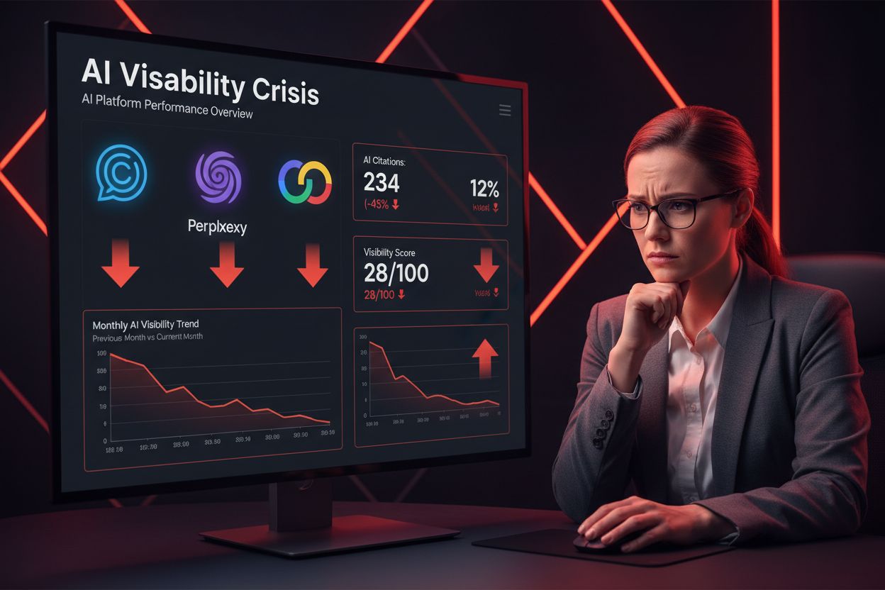 AI visibility crisis dashboard showing declining metrics