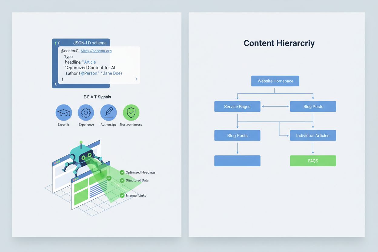Structured data visualization showing JSON-LD schema and E-E-A-T signals for AI optimization