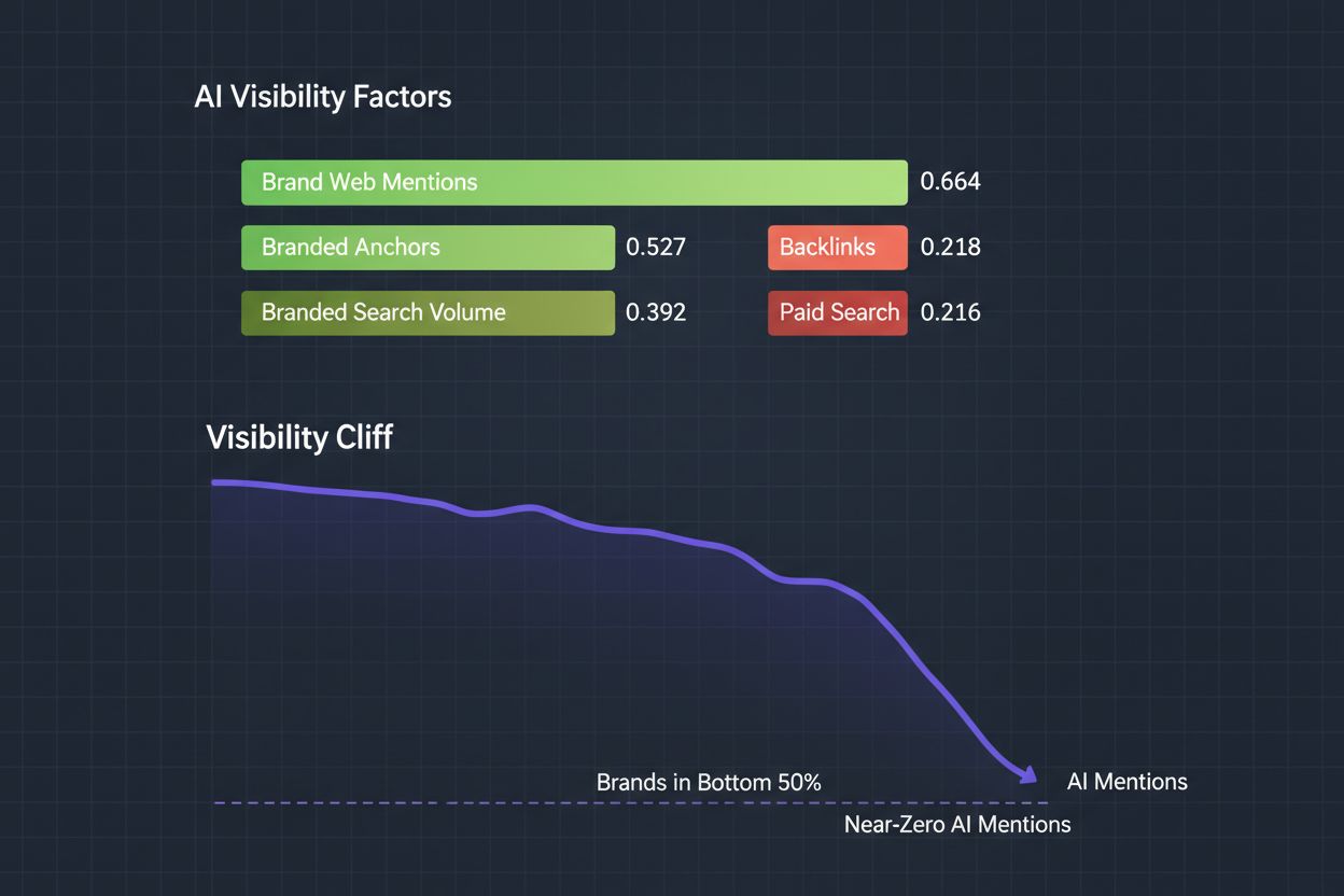 Data visualization showing correlation coefficients for AI visibility factors with green bars for strong correlations and red bars for weak correlations