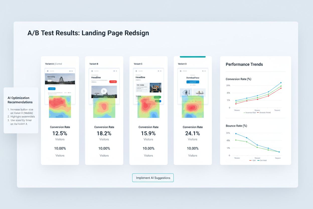 A/B testing dashboard showing landing page variants with conversion metrics and optimization recommendations