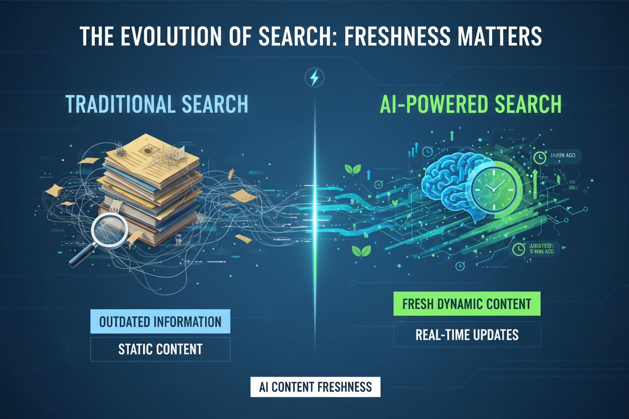 Traditional Search vs AI-Powered Search comparison showing freshness signals