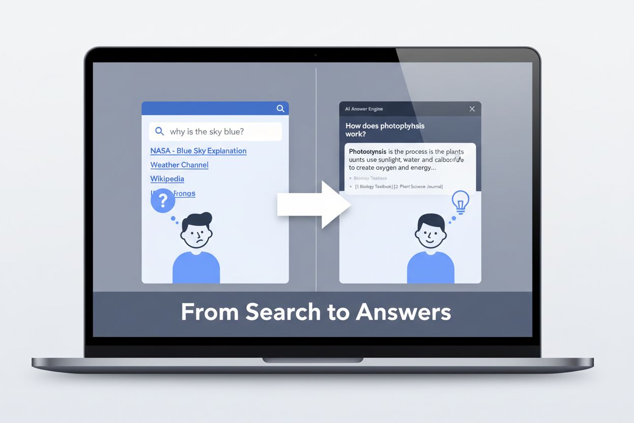Search to Answers transformation showing traditional search results versus AI answer engine interface