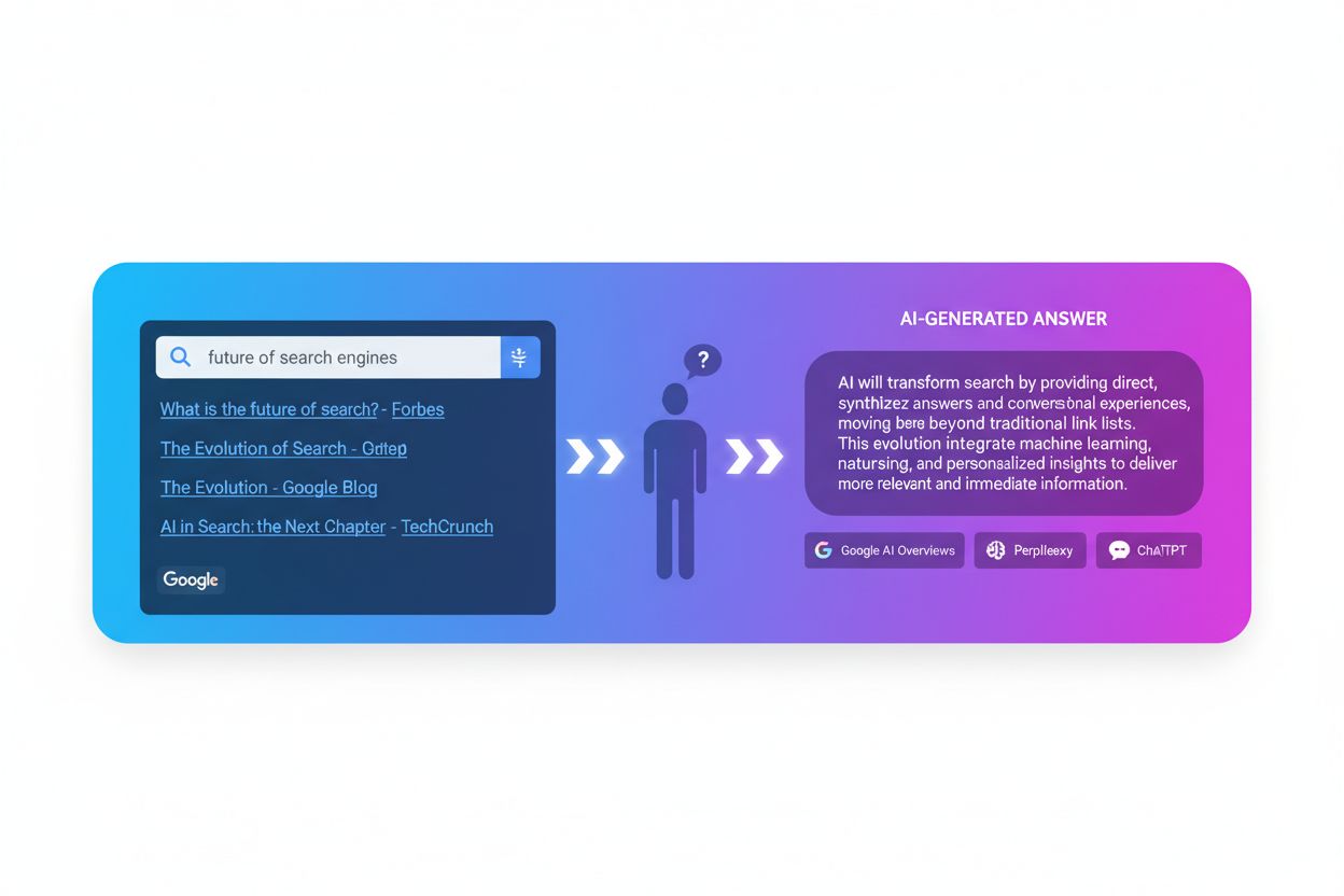 Traditional search results transitioning to AI-generated answers with ChatGPT, Perplexity, and Google AI Overviews