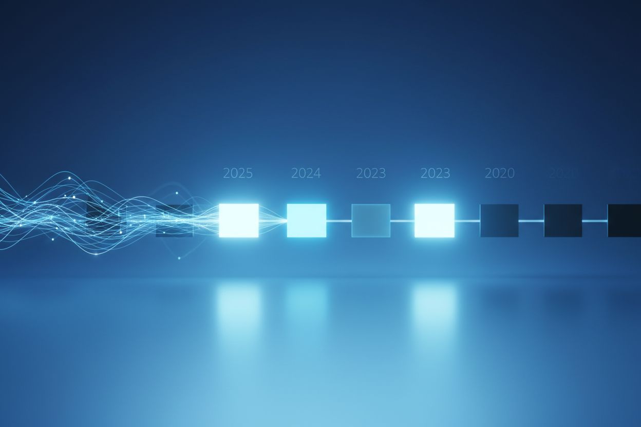 Digital timeline showing content freshness for AI search with newer content glowing brightly and older content fading