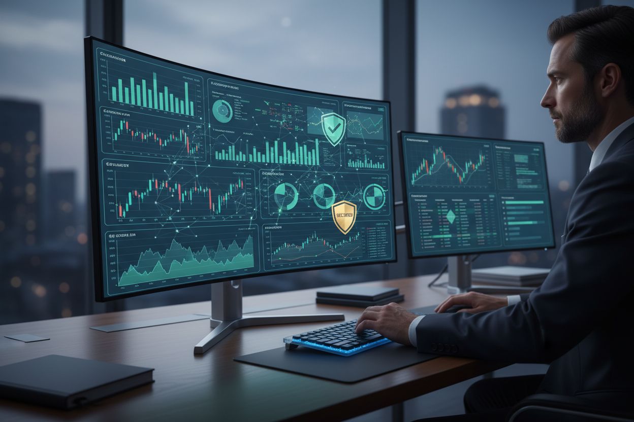 Professional financial data analysis dashboard with AI elements showing charts and compliance indicators