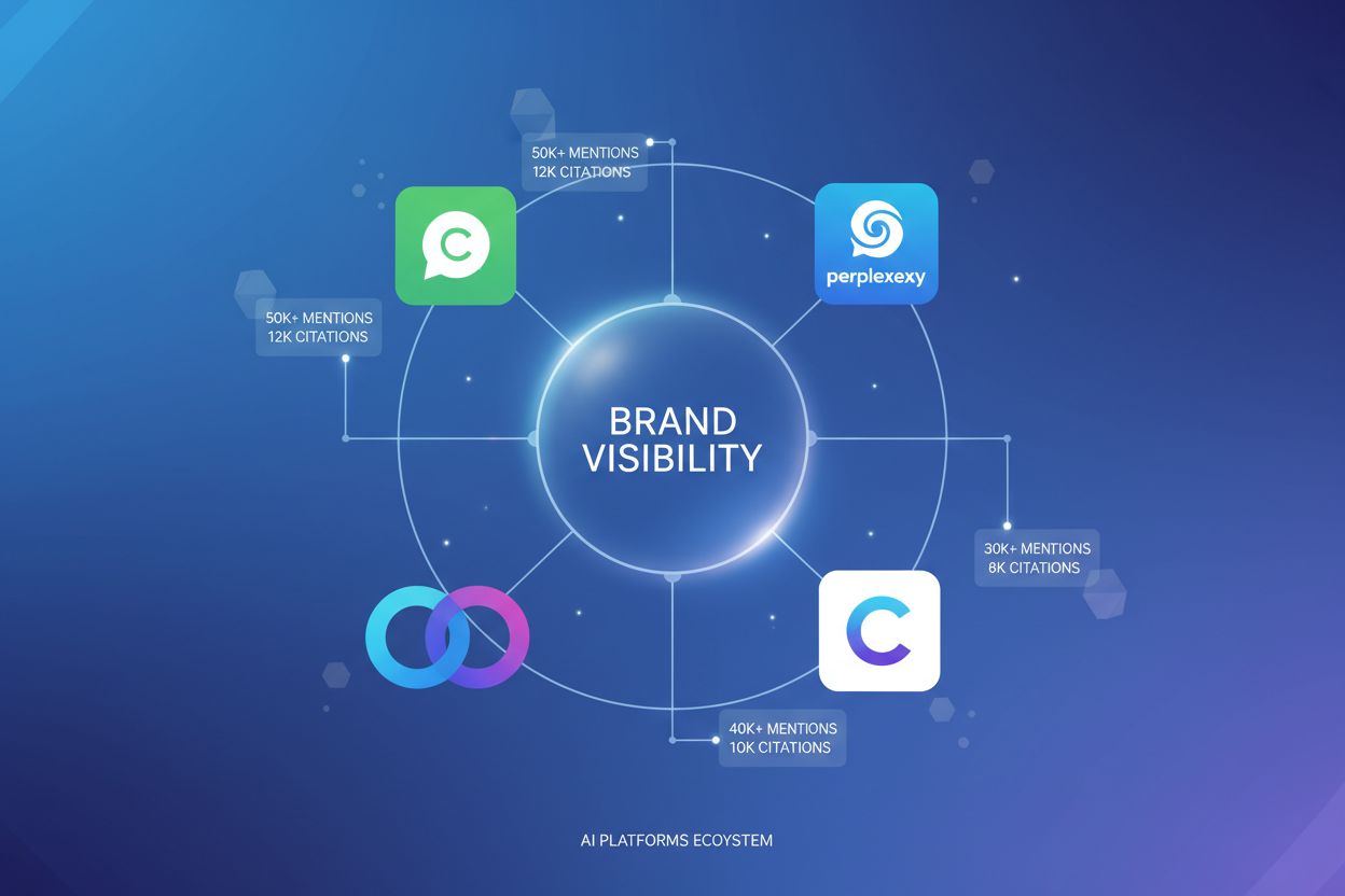 AI platforms ecosystem showing ChatGPT, Perplexity, Gemini, and Claude with brand visibility metrics