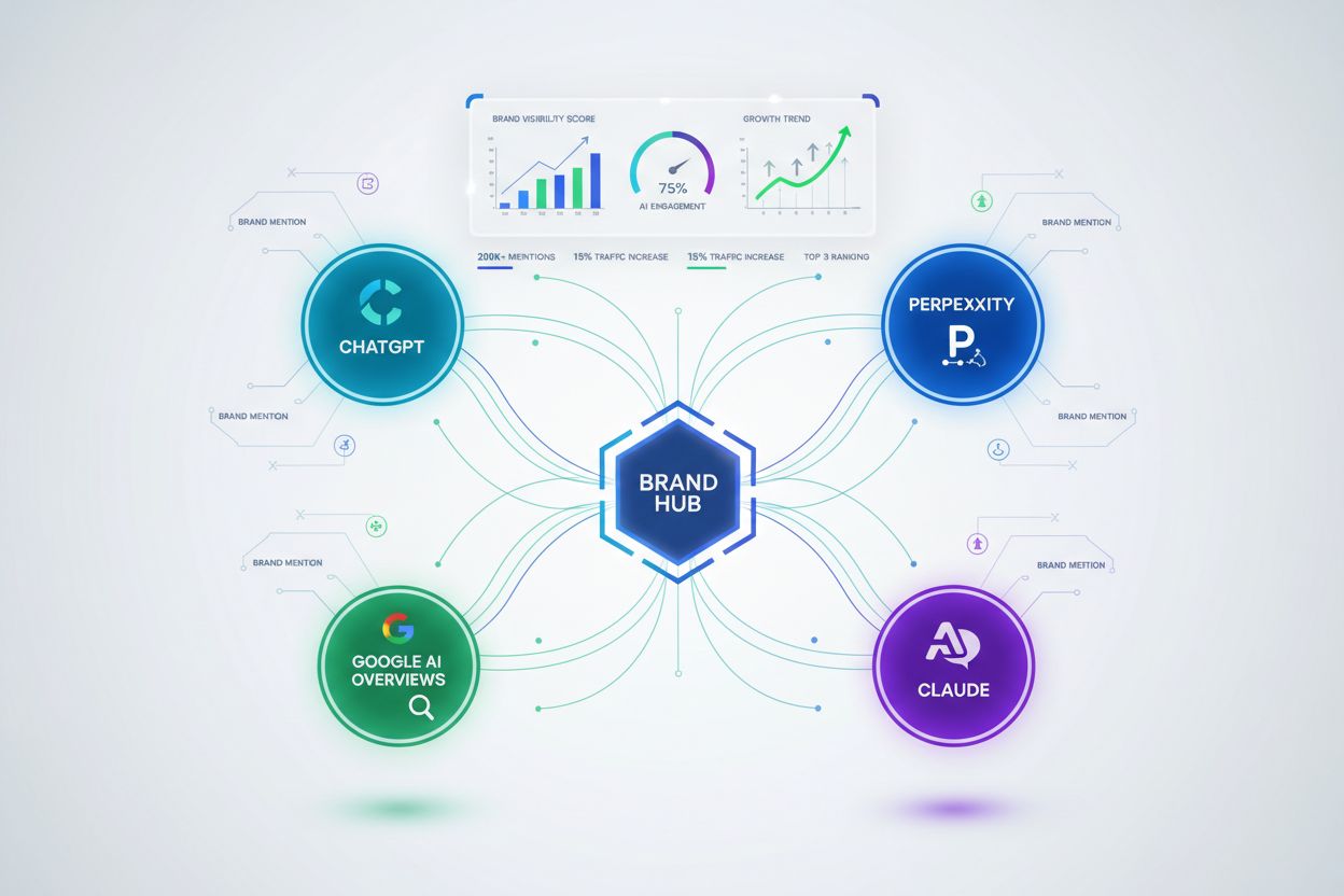 AI visibility ecosystem showing multiple AI platforms interconnected with brand hub and metrics