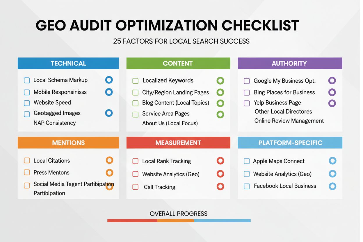 GEO audit checklist visualization with 25 optimization factors organized by category