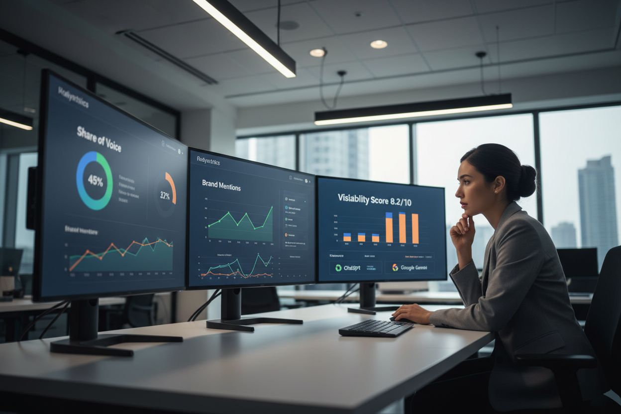 AI visibility monitoring dashboard showing metrics and brand tracking