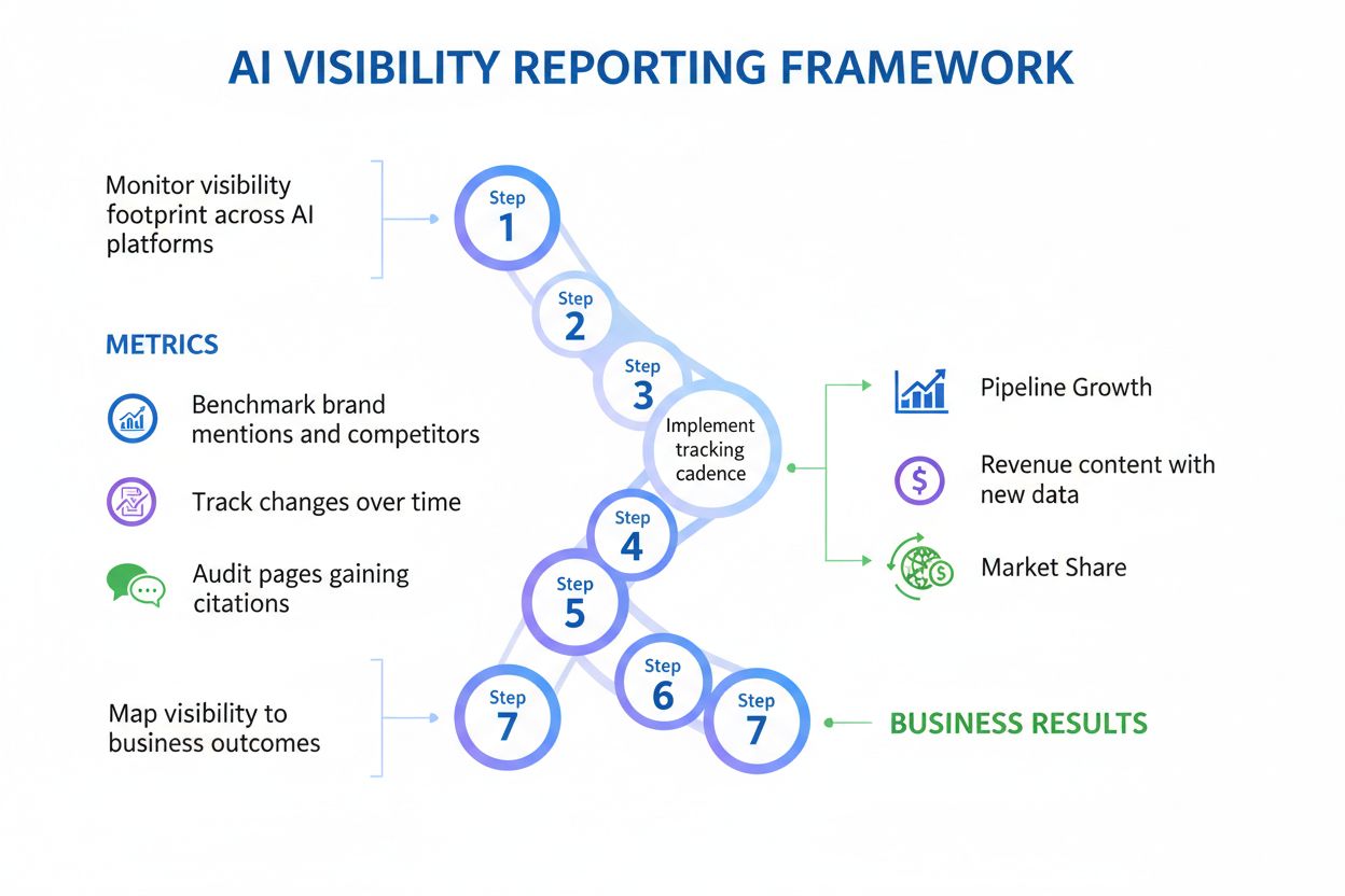 7-step AI visibility reporting framework showing monitoring, benchmarking, tracking, implementation, auditing, refreshing, and mapping to business outcomes