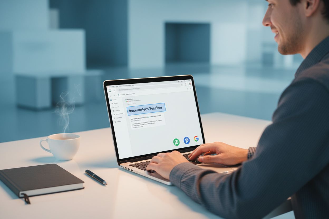 Professional workspace showing AI visibility monitoring on laptop screen