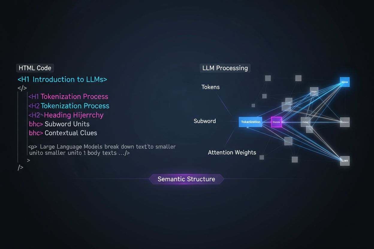 LLM tokenization and attention mechanism visualization showing how heading hierarchy guides content parsing