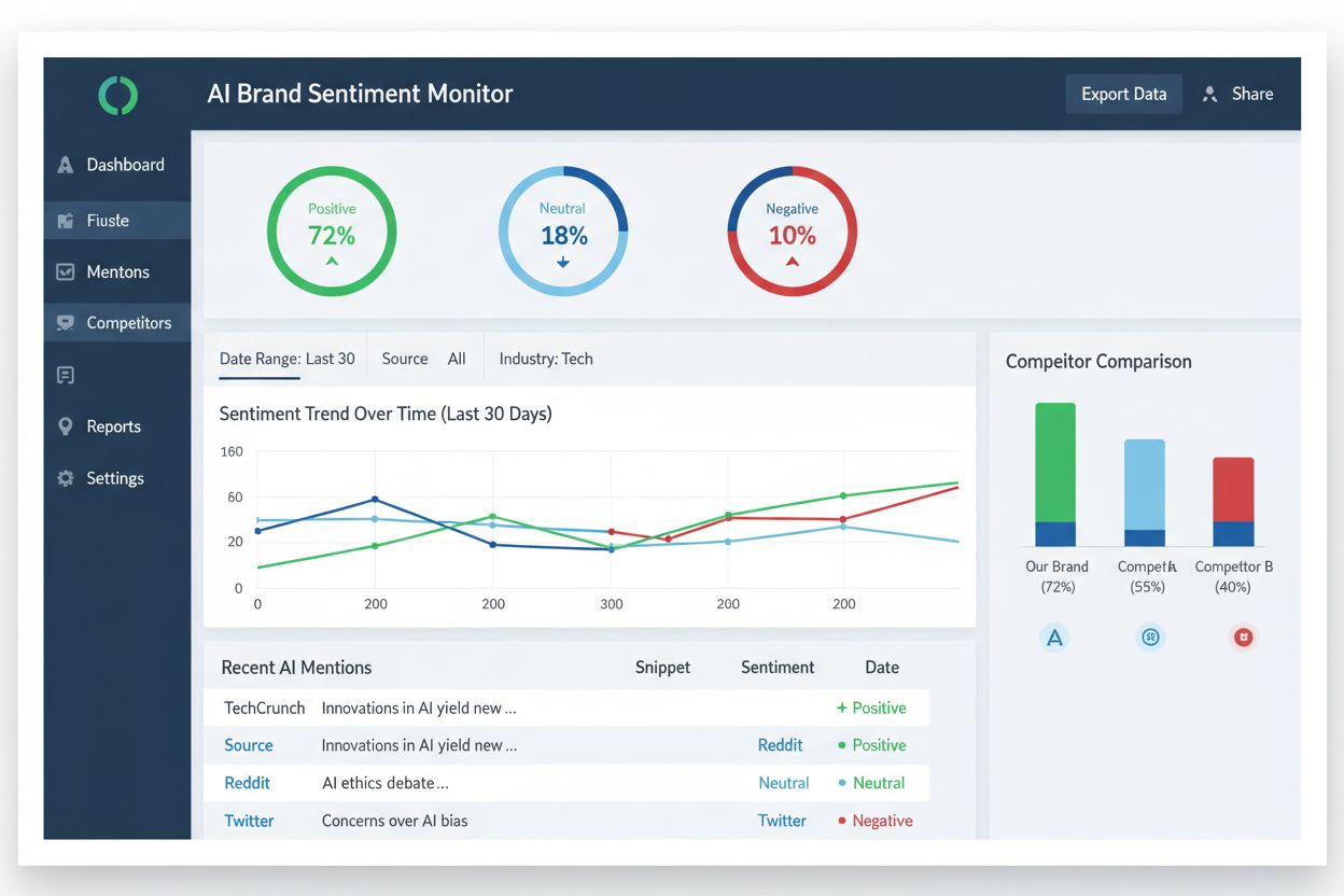 AI Sentiment Monitoring Dashboard Interface showing metrics, trends, and competitor analysis