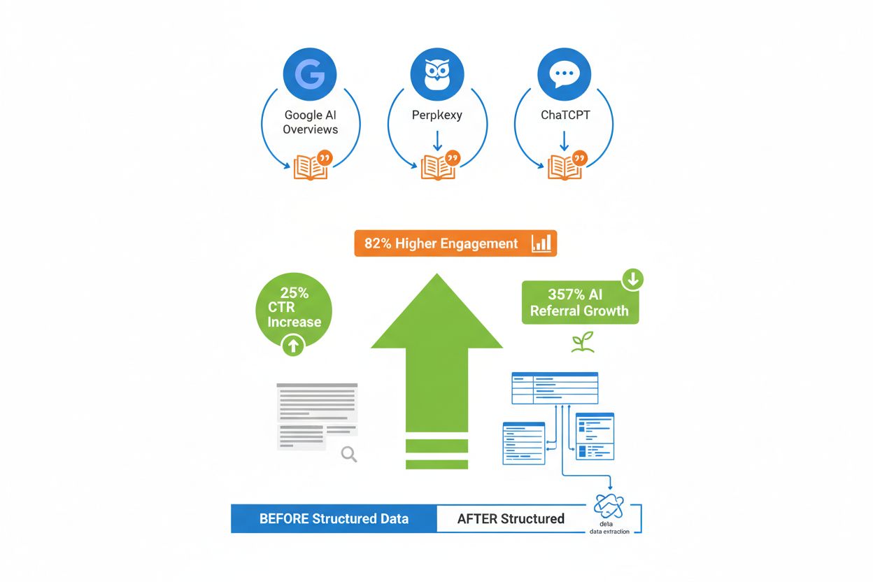 Impact of structured data on AI visibility, showing increased citations and traffic from AI systems