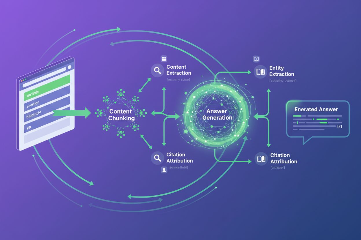AI answer generation process showing semantic HTML improving content chunking and citation accuracy