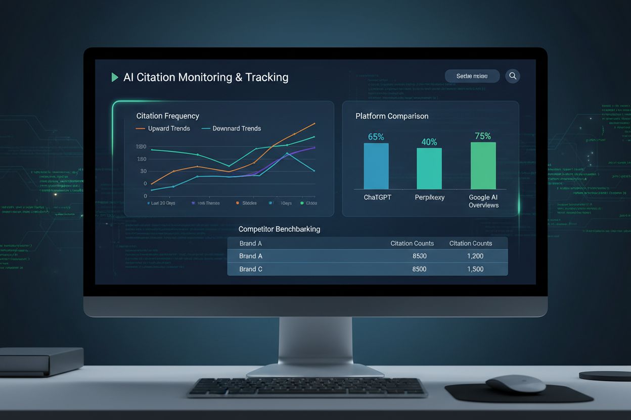 AI citation monitoring dashboard showing analytics and competitor benchmarking