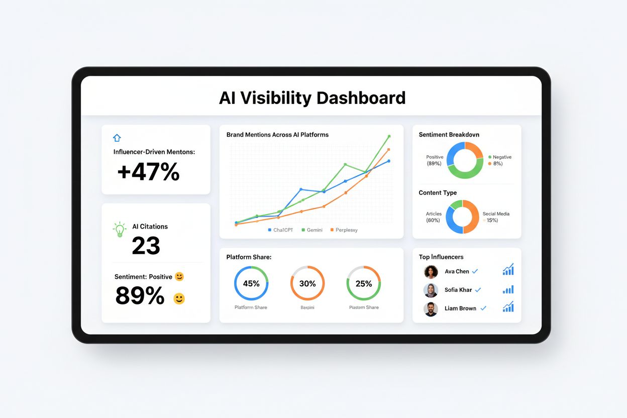 AI Visibility Dashboard showing metrics for influencer-driven mentions and citations across ChatGPT, Gemini, and Perplexity
