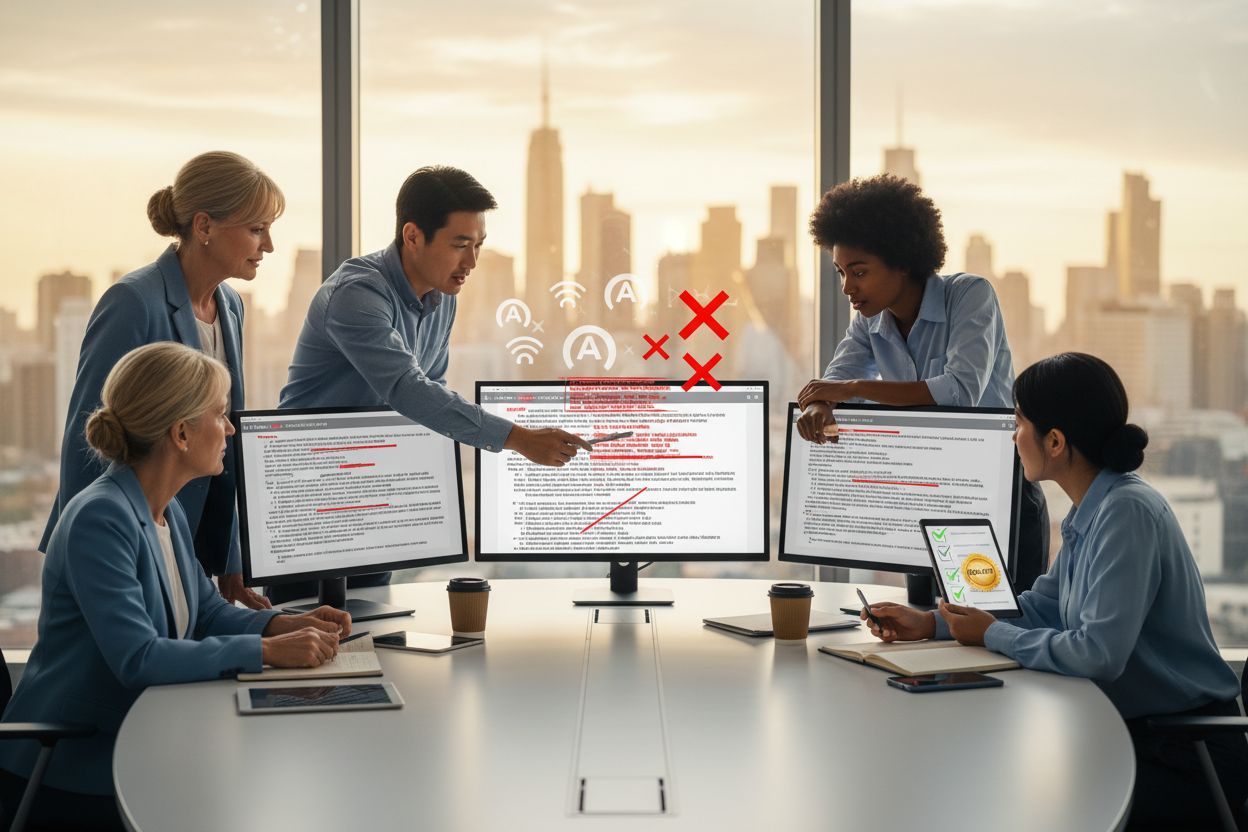 Editorial team reviewing AI-generated content with quality oversight