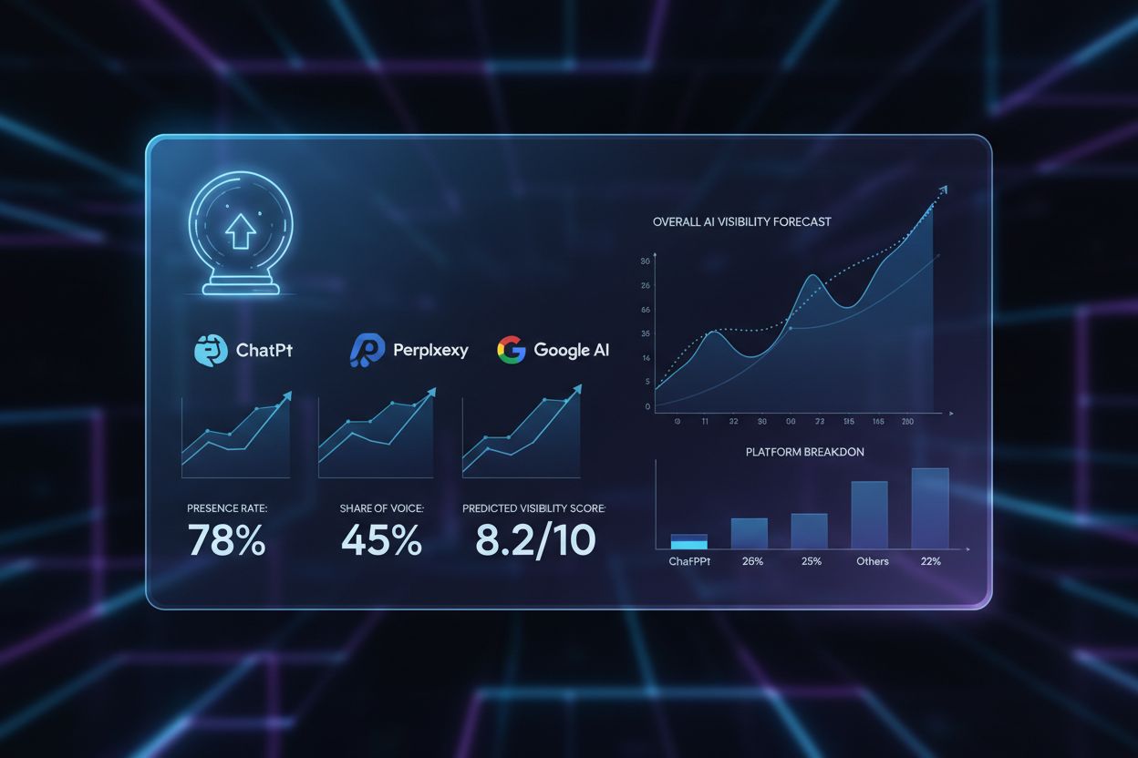 Predictive AI visibility dashboard showing presence rate, share of voice, and visibility scores across ChatGPT, Perplexity, and Google AI platforms