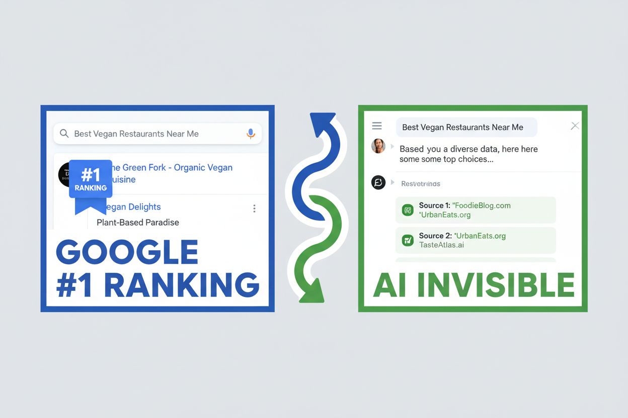Split-screen showing Google #1 ranking on left and AI invisible on right, illustrating the disconnect between SEO rankings and AI visibility