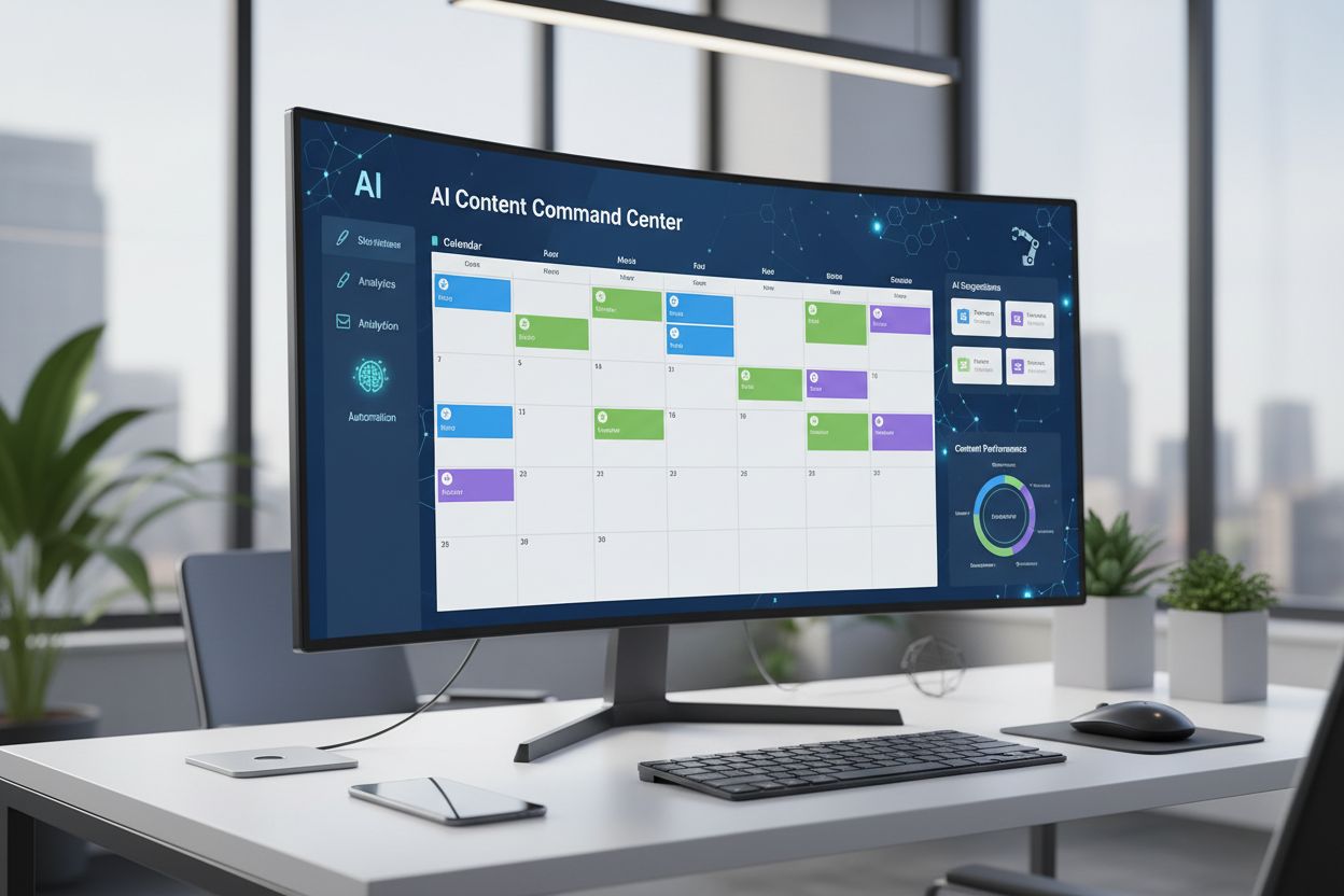 AI-powered content calendar interface with dashboard showing organized calendar grid and automation elements