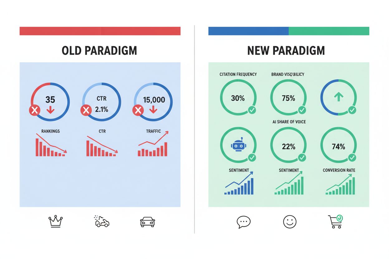 Comparison of traditional SEO metrics vs AI visibility KPIs showing why traditional metrics fail in AI search