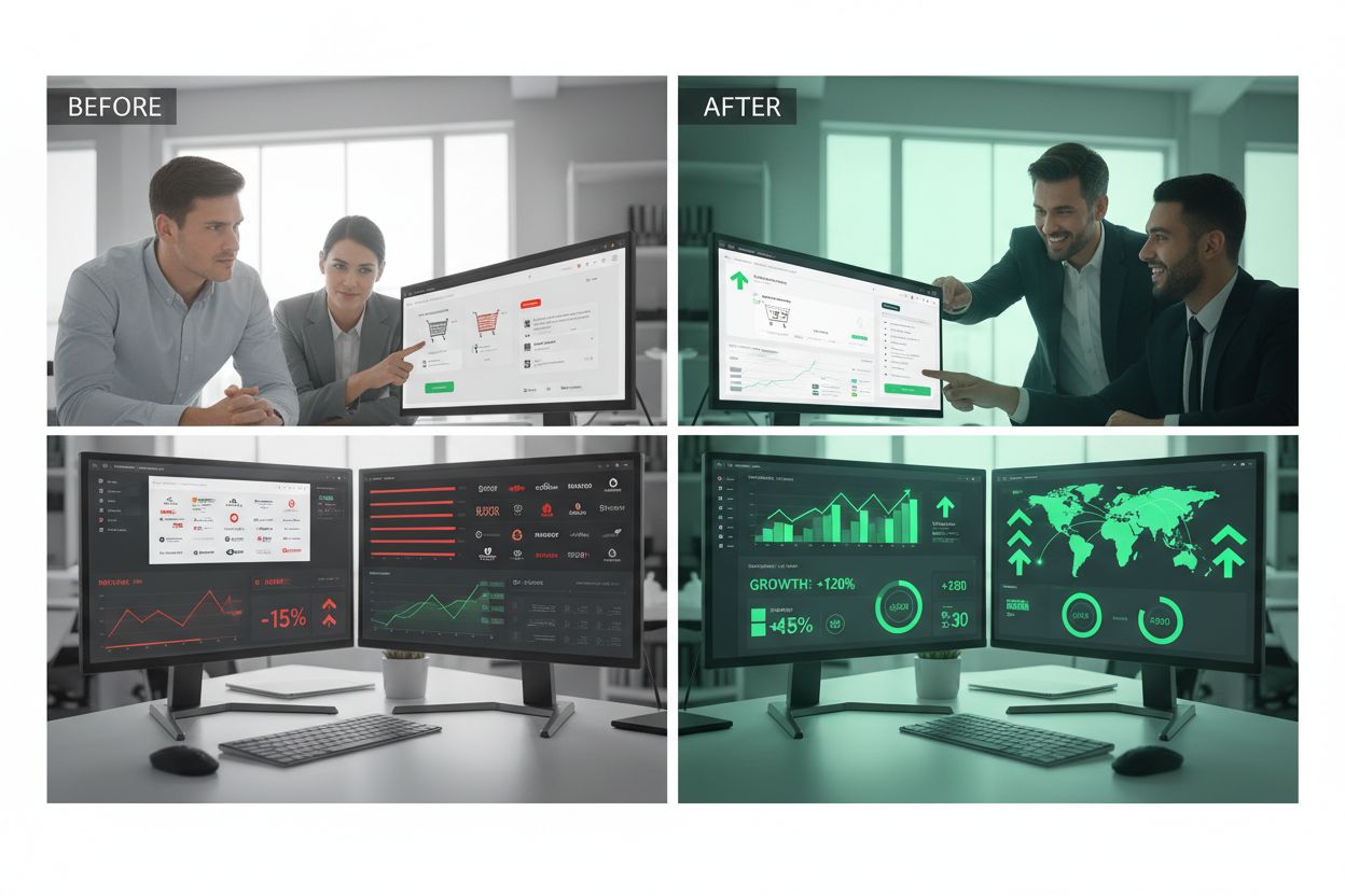 Case study visualization showing e-commerce, SaaS dashboard, and brand metrics with positive results