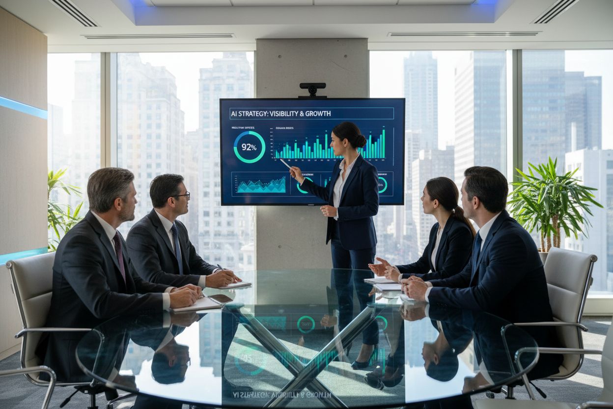 Executives reviewing AI strategy in boardroom with data visualizations