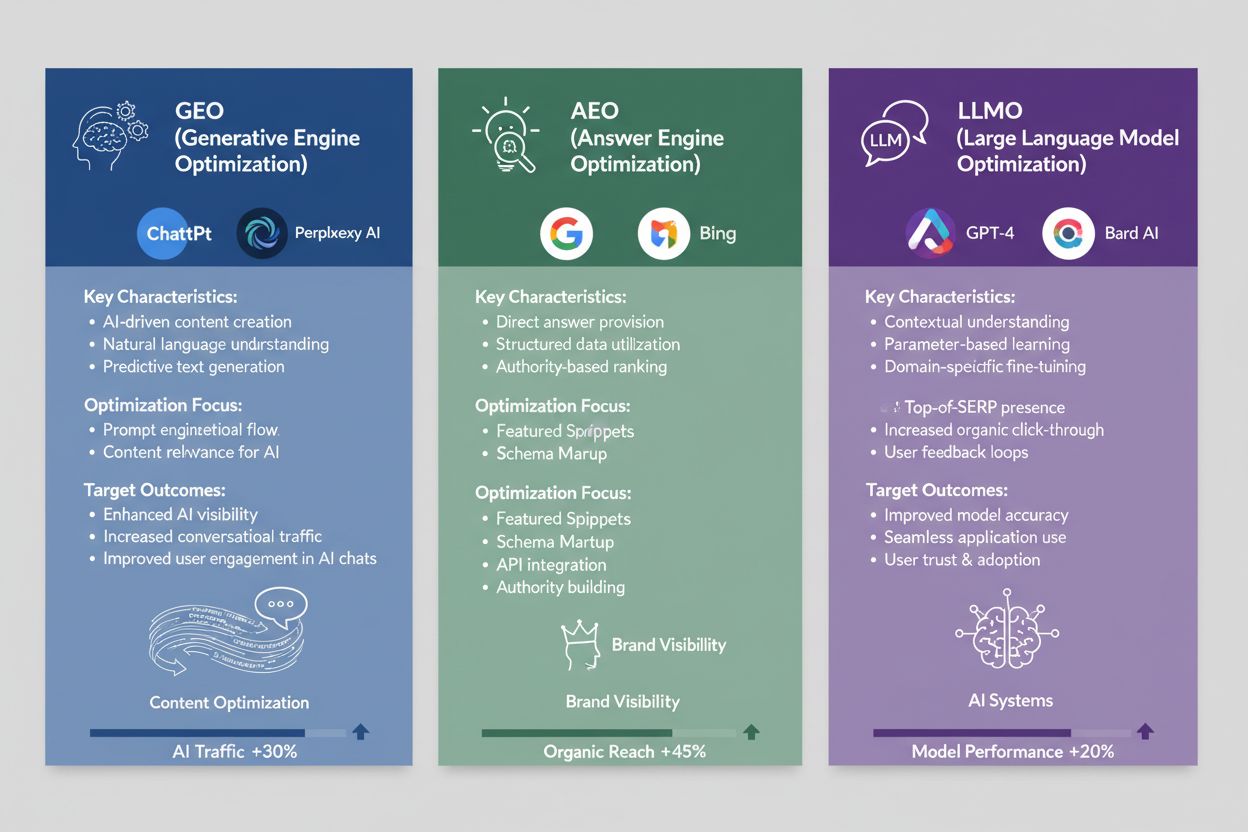 Comparison of GEO, AEO, and LLMO optimization strategies