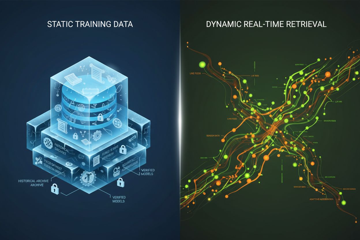 Contrast between static training data and dynamic real-time retrieval