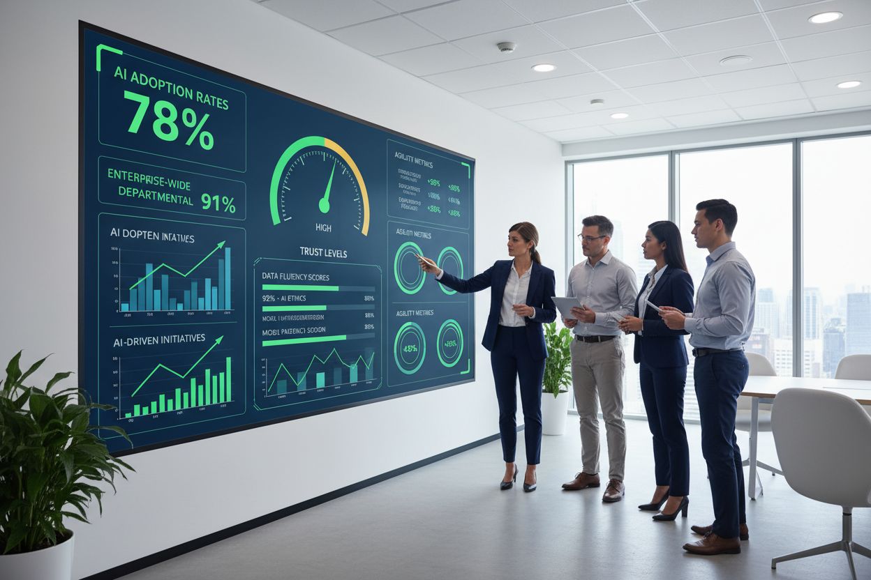 Business dashboard showing AI adoption metrics and KPIs with team reviewing data