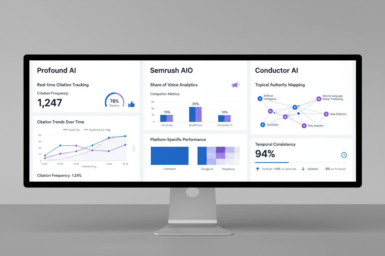 AI visibility monitoring tool dashboards showing citation metrics and competitive benchmarking