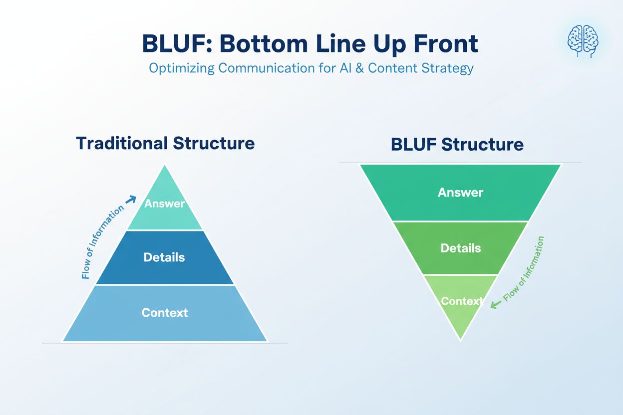 BLUF concept visualization showing traditional pyramid vs inverted pyramid structure