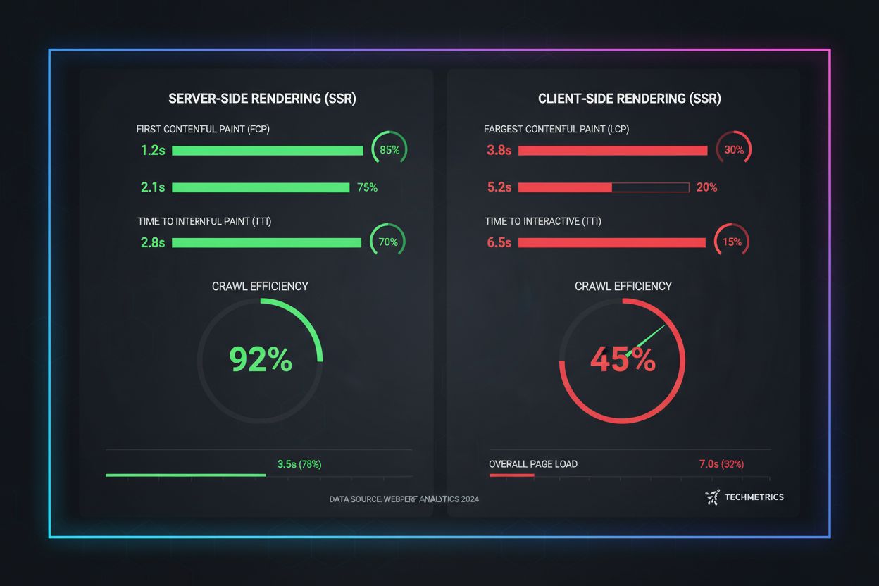 Performance metrics comparison showing SSR vs CSR First Contentful Paint, Time to Interactive, and crawl efficiency