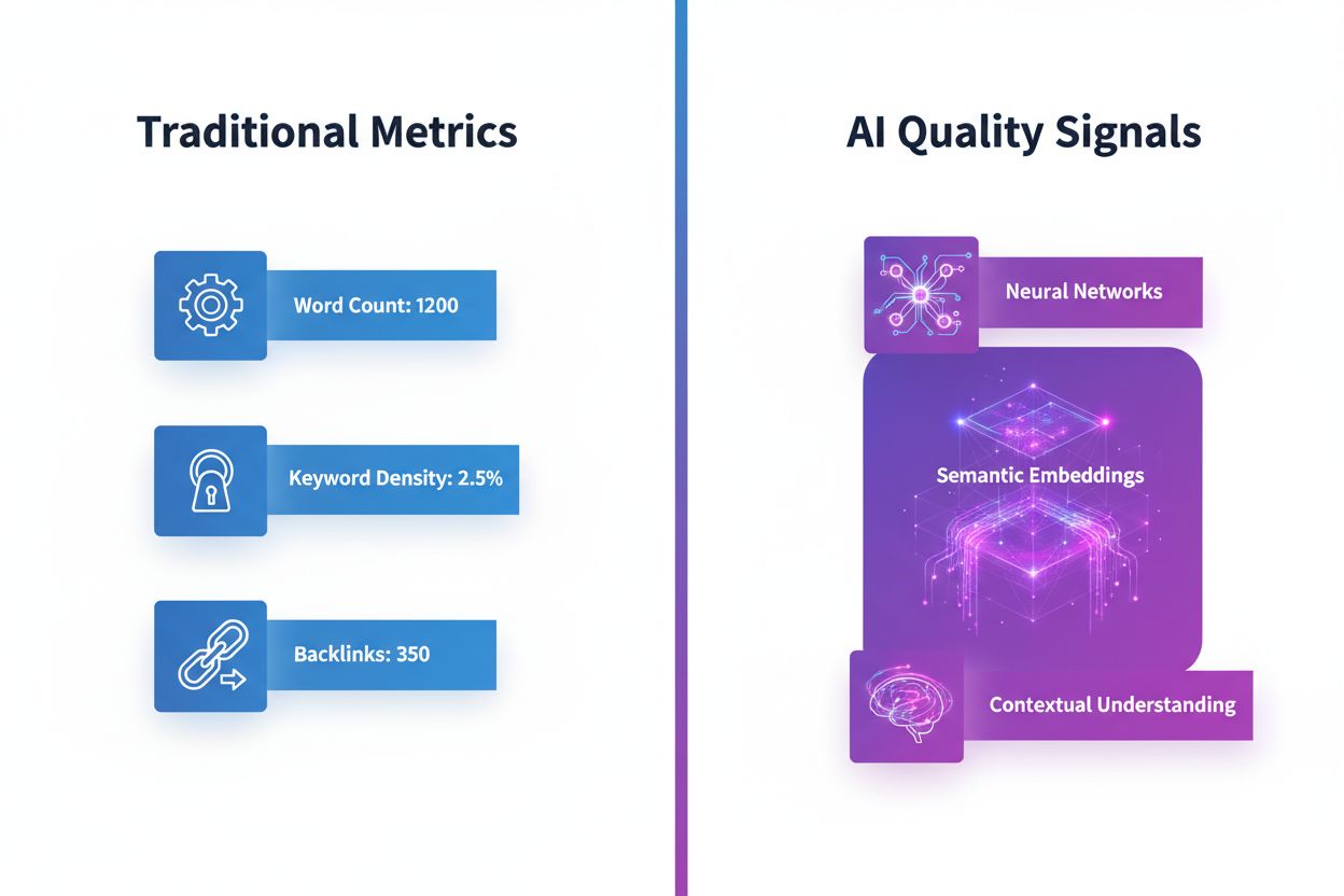Split-screen showing traditional SEO metrics versus AI quality signals