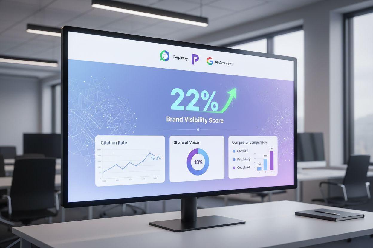 AI visibility dashboard showing brand monitoring metrics across ChatGPT, Perplexity, and Google AI Overviews