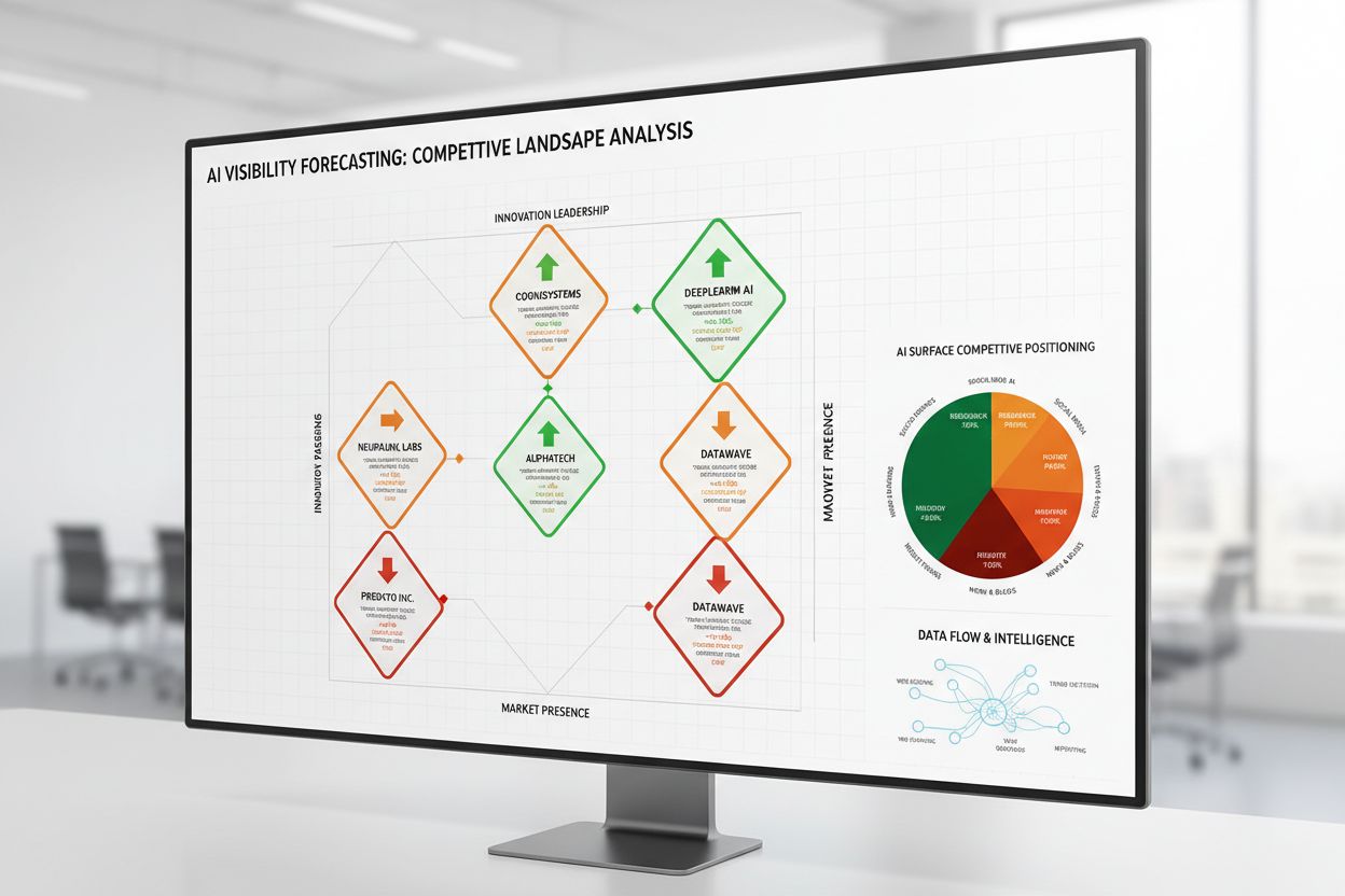 Competitive landscape analysis dashboard showing brand positioning, topic authority scores, citation velocity, and forecast trends across AI platforms