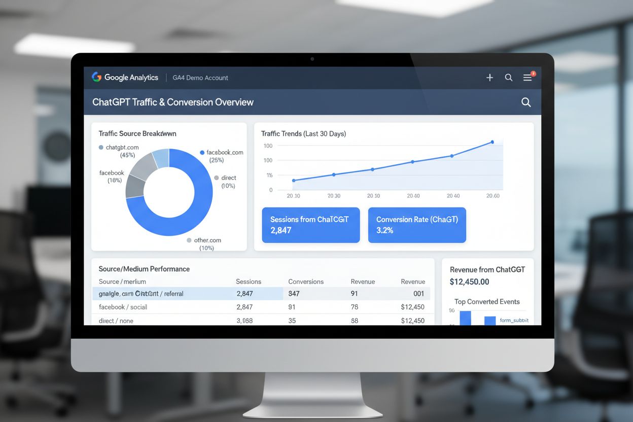 Google Analytics 4 dashboard showing ChatGPT traffic metrics