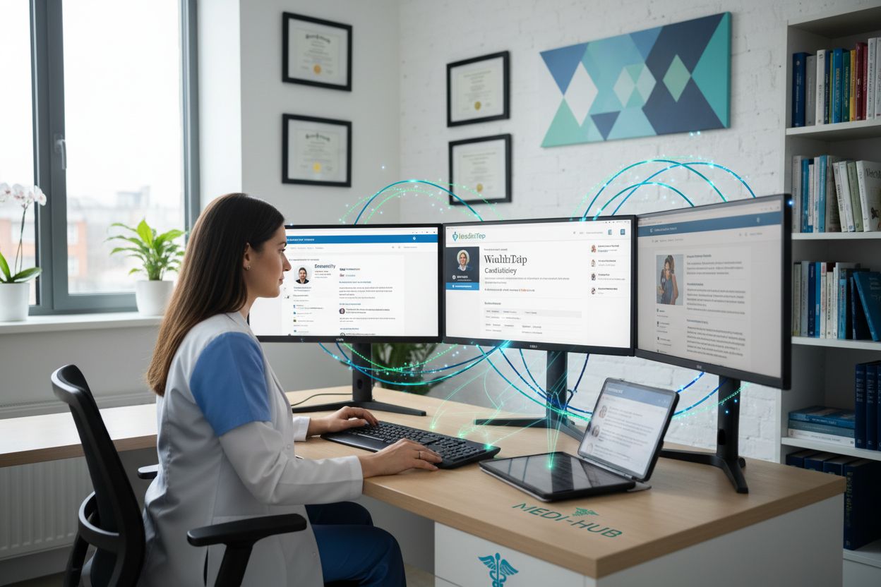 Healthcare professional managing multiple digital platforms for medical authority building