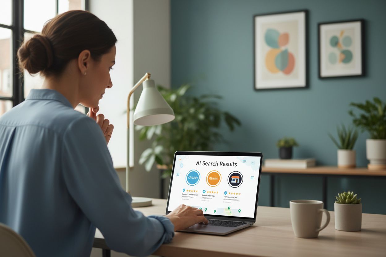 Small business owner optimizing for AI visibility with ChatGPT, Gemini, and Perplexity