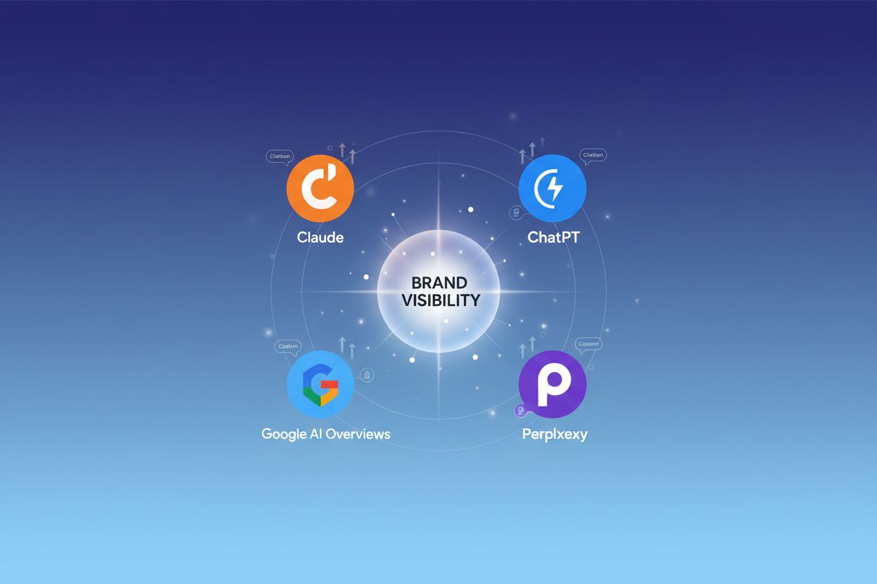 AI search ecosystem showing ChatGPT, Perplexity, Google AI Overviews, and Claude platforms with brand visibility indicators
