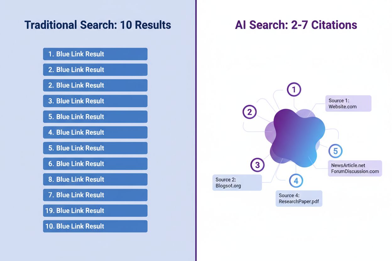 Traditional Search vs AI Search comparison showing 10 results vs 2-7 citations