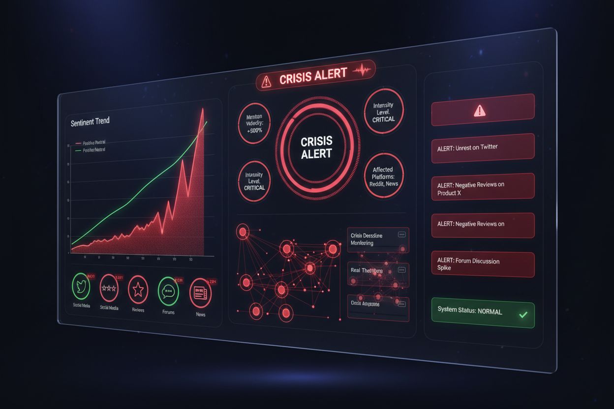 Real-time crisis detection dashboard showing sentiment spike alerts and monitoring metrics
