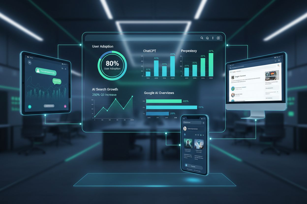 AI search platforms dashboard showing ChatGPT, Perplexity, and Google AI Overviews with user adoption statistics