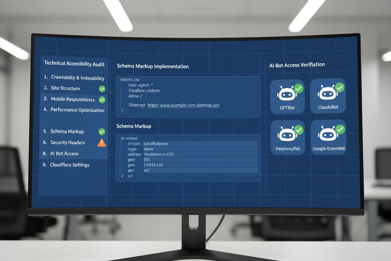 Technical Accessibility Audit Checklist showing AI bot access verification and schema markup implementation