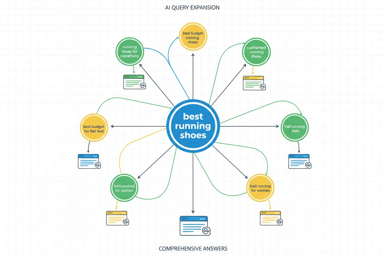 Fan-out query visualization showing how AI expands queries to find comprehensive answers