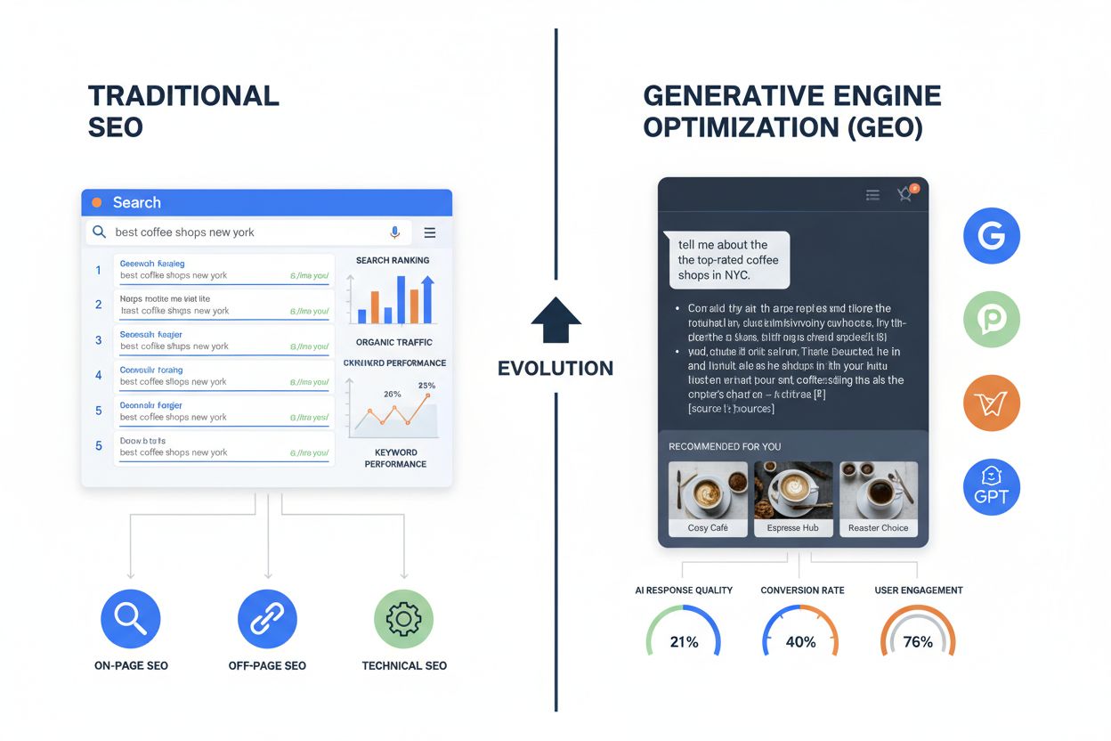 Comparison of GEO vs Traditional SEO showing AI chat interface versus Google search results