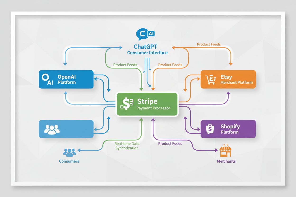 Merchant ecosystem infographic showing OpenAI, Stripe, Etsy, and Shopify integration