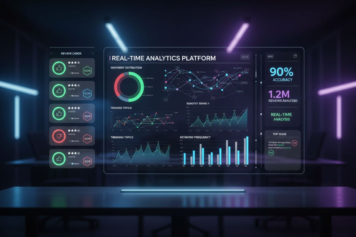 AI analyzing consumer reviews with sentiment indicators and trust scores